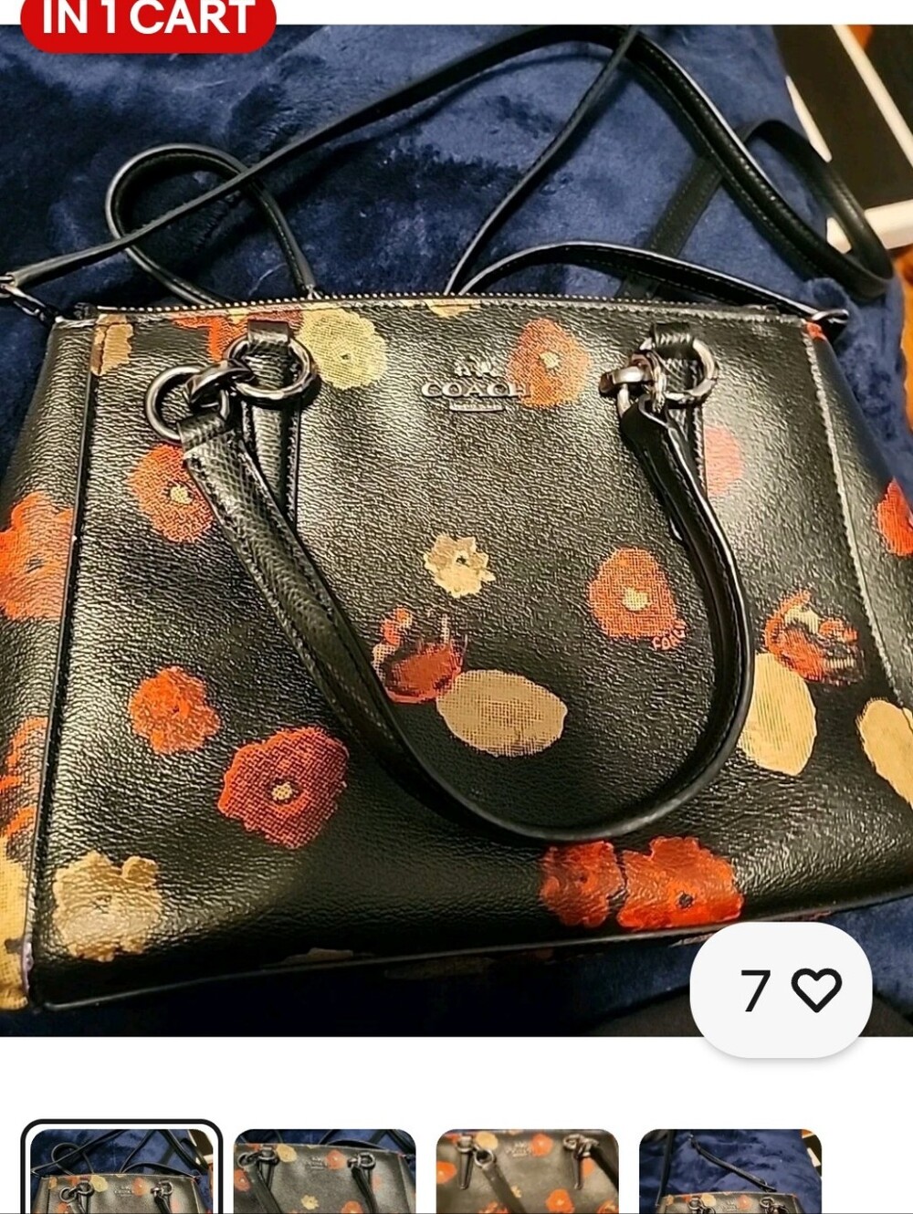 COACH Black Leather Satchel with Orange & Cream Floral Print